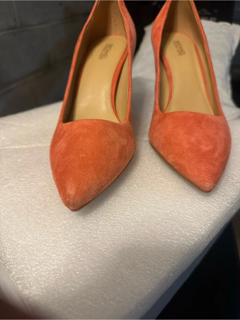 Michael Kors Pointed Suede Pumps in Coral-Orange